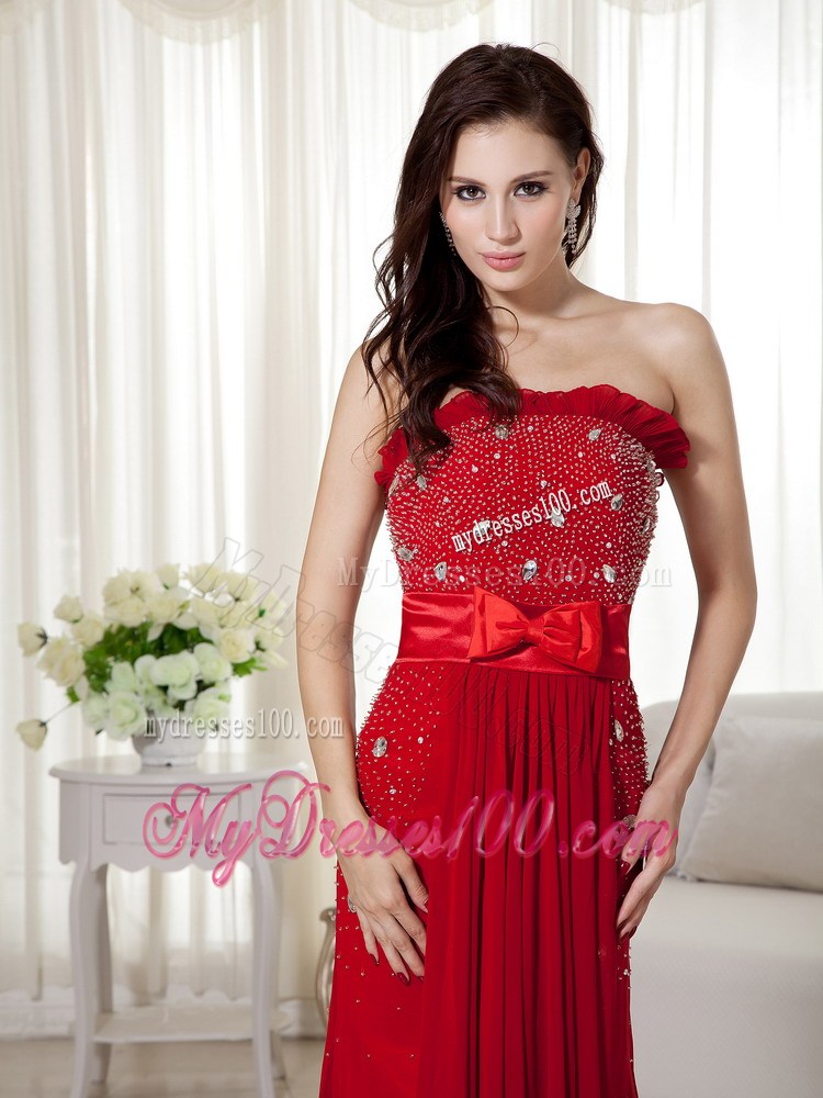 Elegant Wine Red Strapless Beaded Prom Dress Brush Train Bowknot