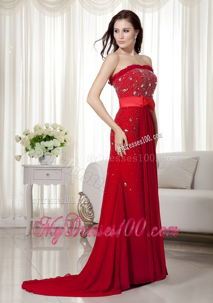 Elegant Wine Red Strapless Beaded Prom Dress Brush Train Bowknot