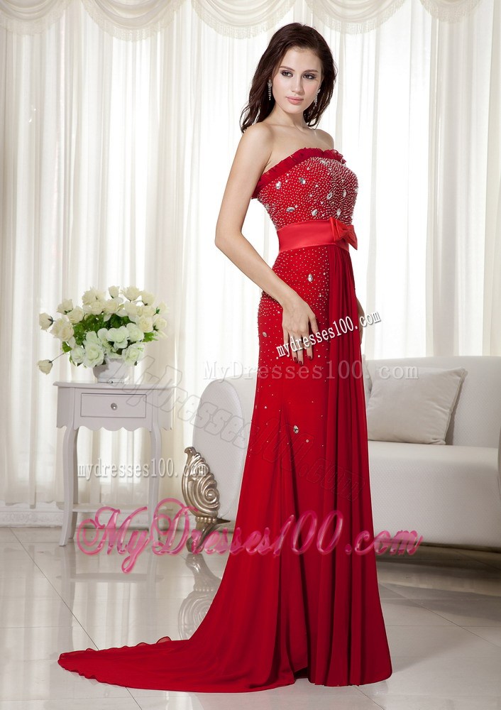 Elegant Wine Red Strapless Beaded Prom Dress Brush Train Bowknot
