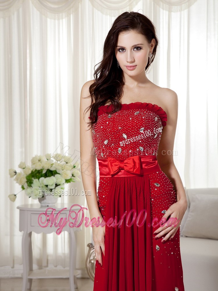 Elegant Wine Red Strapless Beaded Prom Dress Brush Train Bowknot