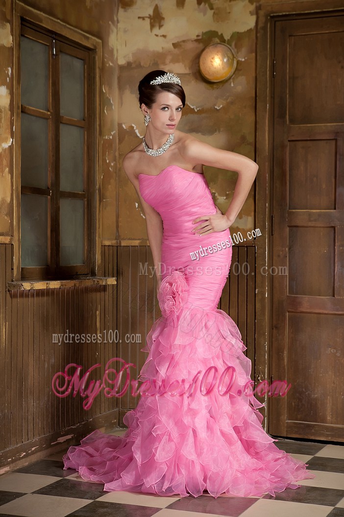 Sexy Rose Pink Mermaid Sweetheart Brush Train Ruffles Prom Dresses