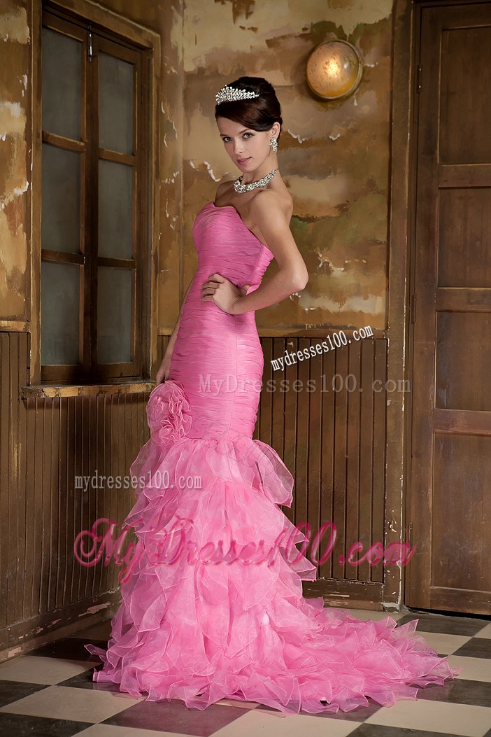 Sexy Rose Pink Mermaid Sweetheart Brush Train Ruffles Prom Dresses