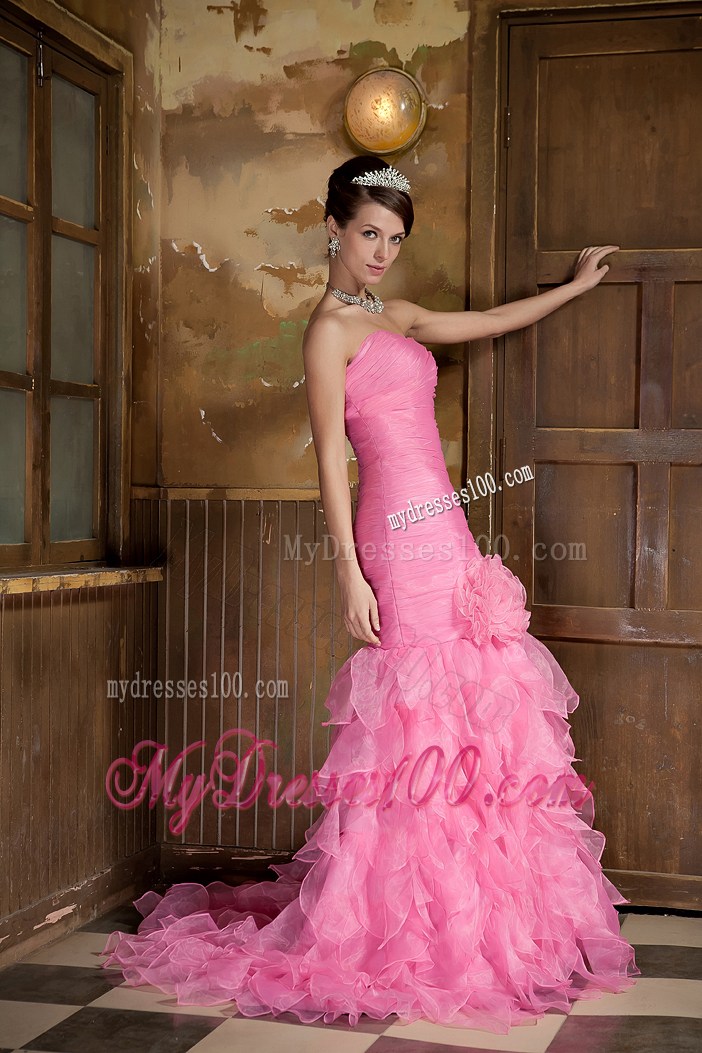 Sexy Rose Pink Mermaid Sweetheart Brush Train Ruffles Prom Dresses