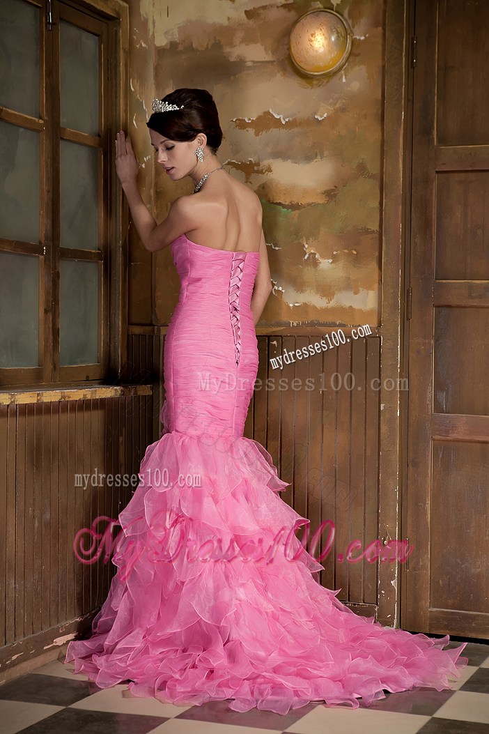 Sexy Rose Pink Mermaid Sweetheart Brush Train Ruffles Prom Dresses