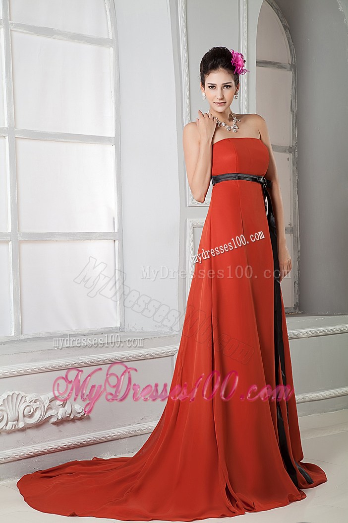 Elegant Rust Red Column Strapless 2013 Prom Dress Sash Brush Train