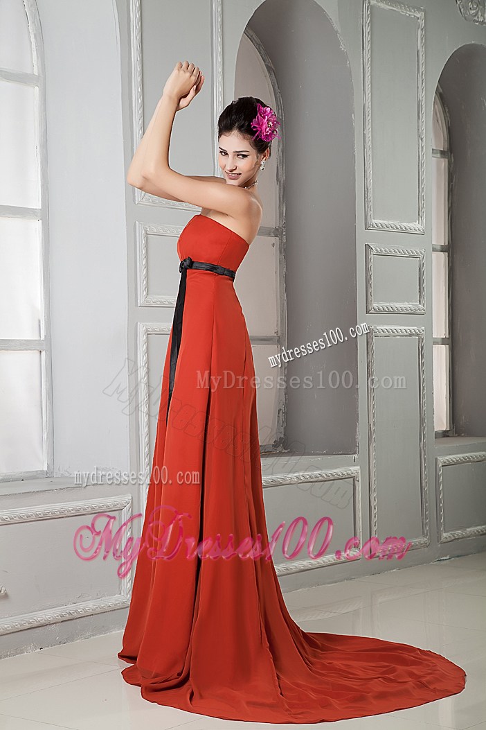 Elegant Rust Red Column Strapless 2013 Prom Dress Sash Brush Train