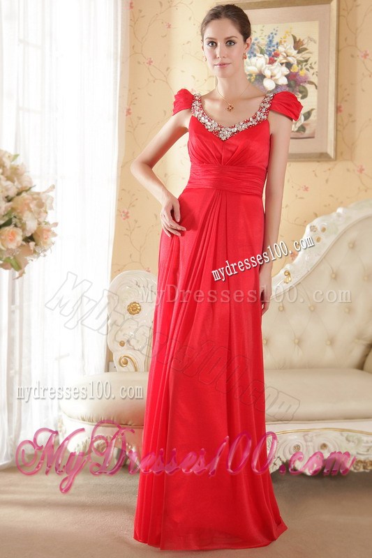 Red Empire Scoop Brush Train Beading Prom Dresses Cap Sleeves