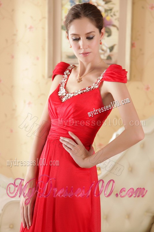 Red Empire Scoop Brush Train Beading Prom Dresses Cap Sleeves