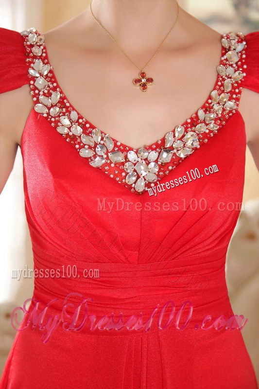 Red Empire Scoop Brush Train Beading Prom Dresses Cap Sleeves
