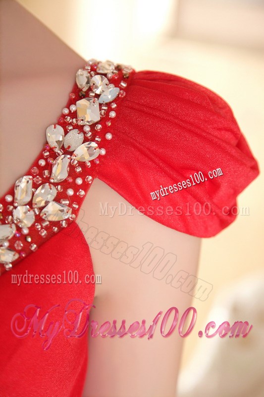 Red Empire Scoop Brush Train Beading Prom Dresses Cap Sleeves