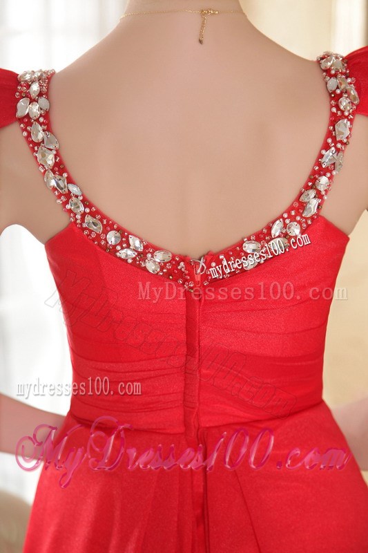 Red Empire Scoop Brush Train Beading Prom Dresses Cap Sleeves