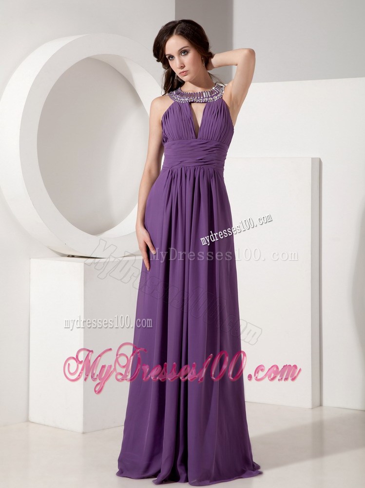 Discount Dark Purple Empire Scoop Prom Dress Beading Floor-length