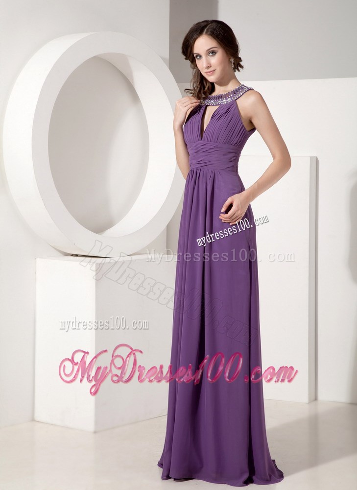 Discount Dark Purple Empire Scoop Prom Dress Beading Floor-length