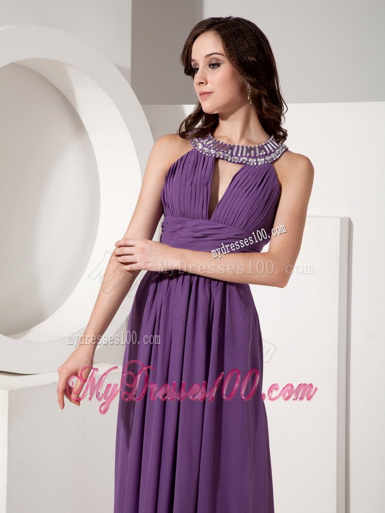 Discount Dark Purple Empire Scoop Prom Dress Beading Floor-length