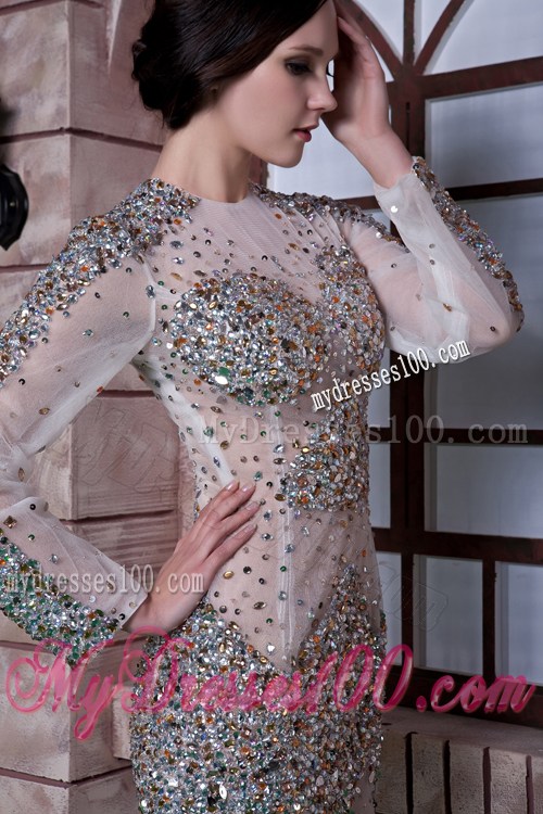 Sexy White Column Scoop Short Prom Dresses Beading Long Sleeves