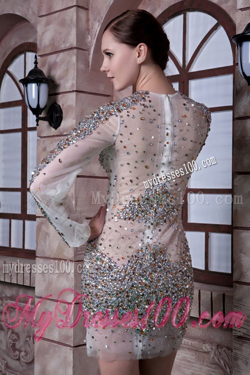 Sexy White Column Scoop Short Prom Dresses Beading Long Sleeves