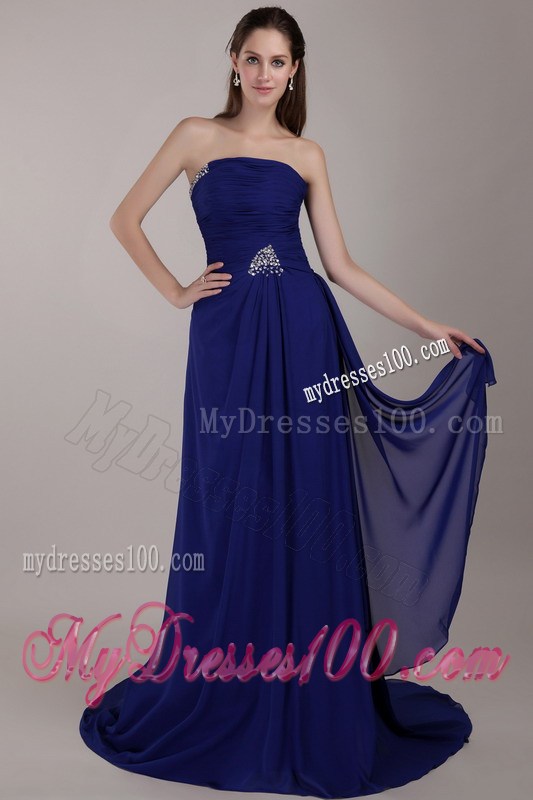 Peacock Blue Empire Strapless Court Train Sequins Prom Dresses