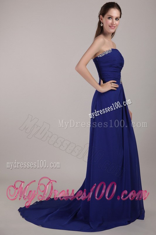 Peacock Blue Empire Strapless Court Train Sequins Prom Dresses