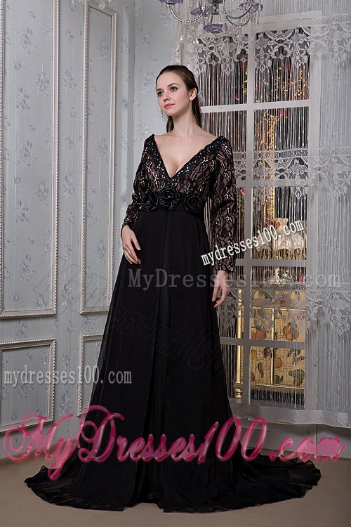 Sexy Black Prom Dress Long Sleeves V-neck Beading Court Train