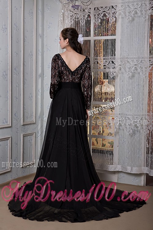 Sexy Black Prom Dress Long Sleeves V-neck Beading Court Train