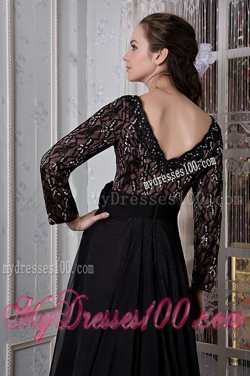 Sexy Black Prom Dress Long Sleeves V-neck Beading Court Train