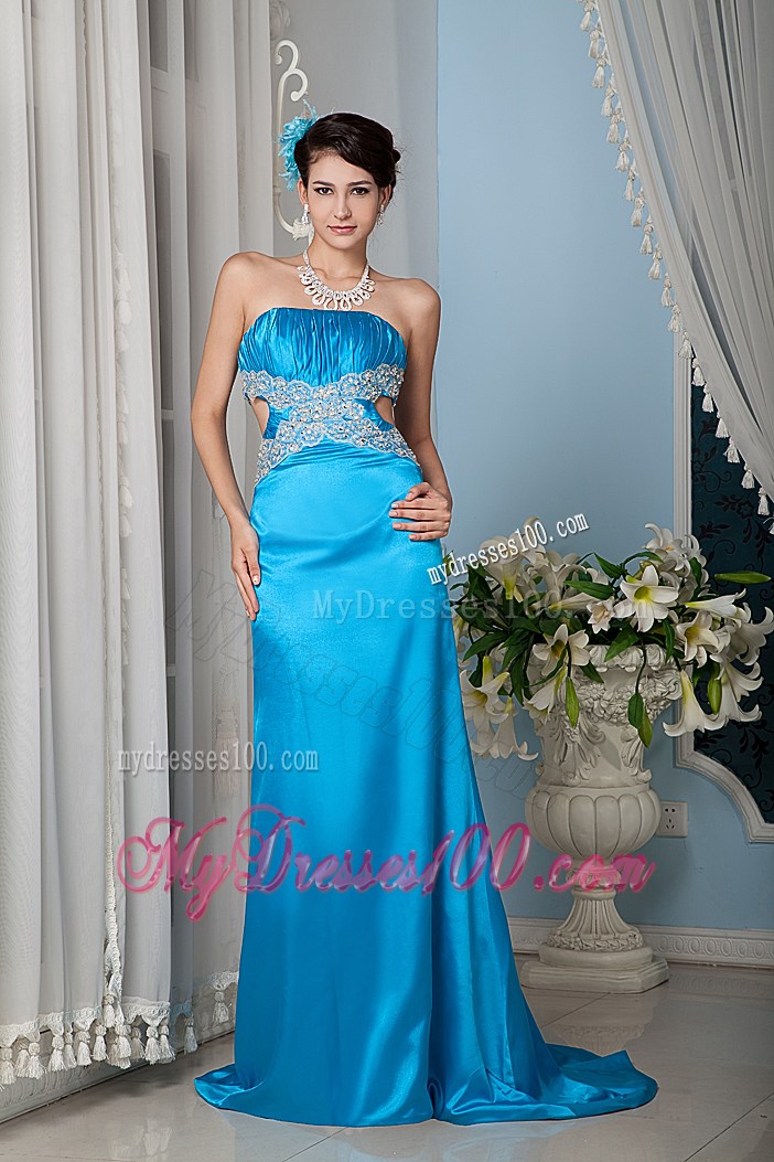 Teal Column Sheath Strapless Sexy Prom Dress Beading Brush Train