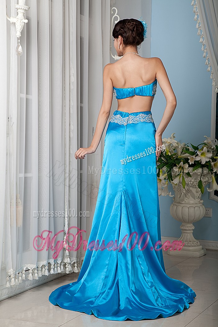Teal Column Sheath Strapless Sexy Prom Dress Beading Brush Train