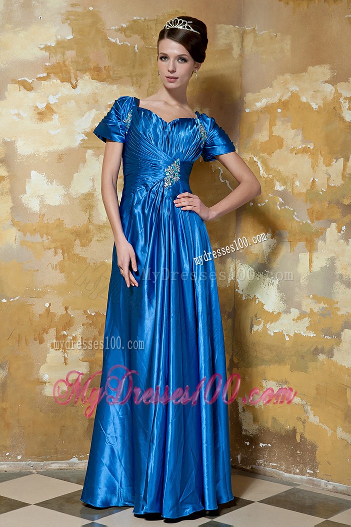 Blue Empire Sweetheart Floor-length Beading Short Sleeve Prom Dress