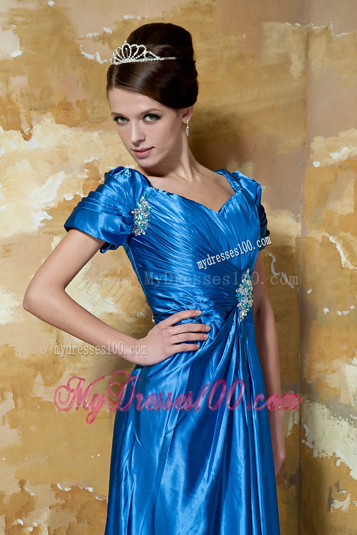 Blue Empire Sweetheart Floor-length Beading Short Sleeve Prom Dress