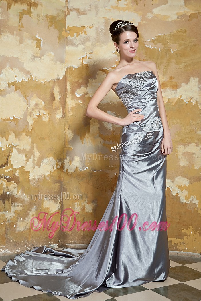 2013 Summer Grey Column Strapless Court Train Beading Prom Dress