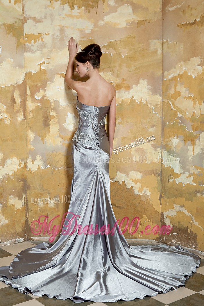 Grey Column Strapless Court Train Silk Like Satin Beading Prom Dress