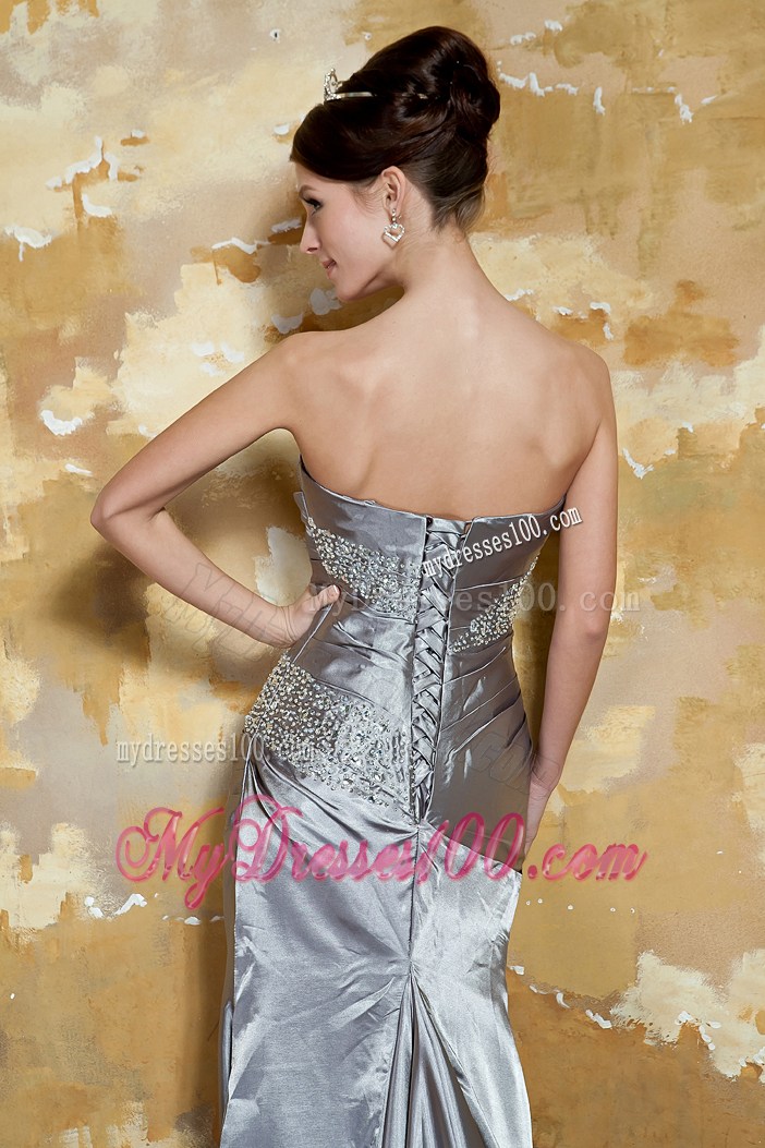 Grey Column Strapless Court Train Silk Like Satin Beading Prom Dress