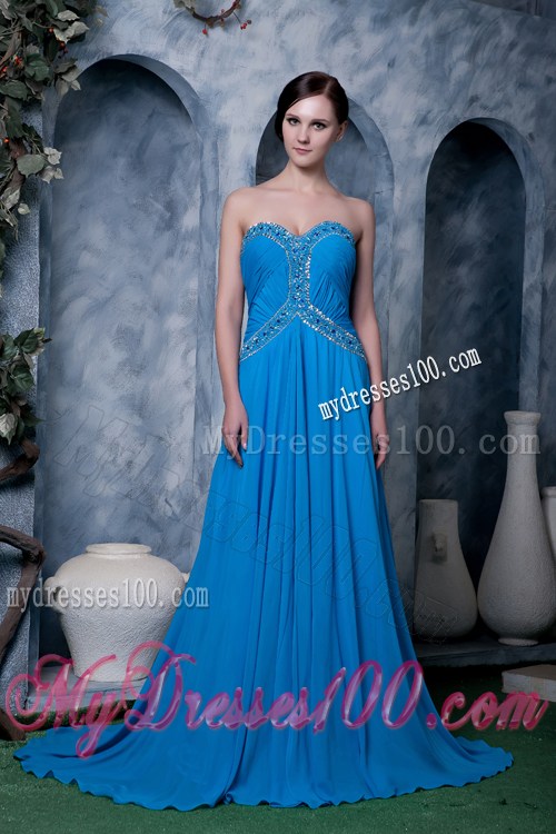 Affordable Sky Blue Empire Sweetheart Brush Train Beading Prom Dress