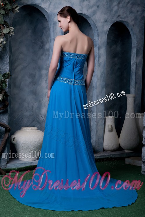 Affordable Sky Blue Empire Sweetheart Brush Train Beading Prom Dress