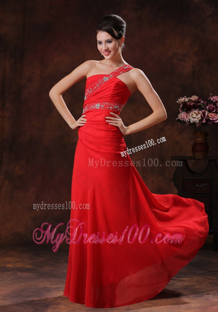 Column One Shoulder Red Summer Beaded Decorate Prom Dresses