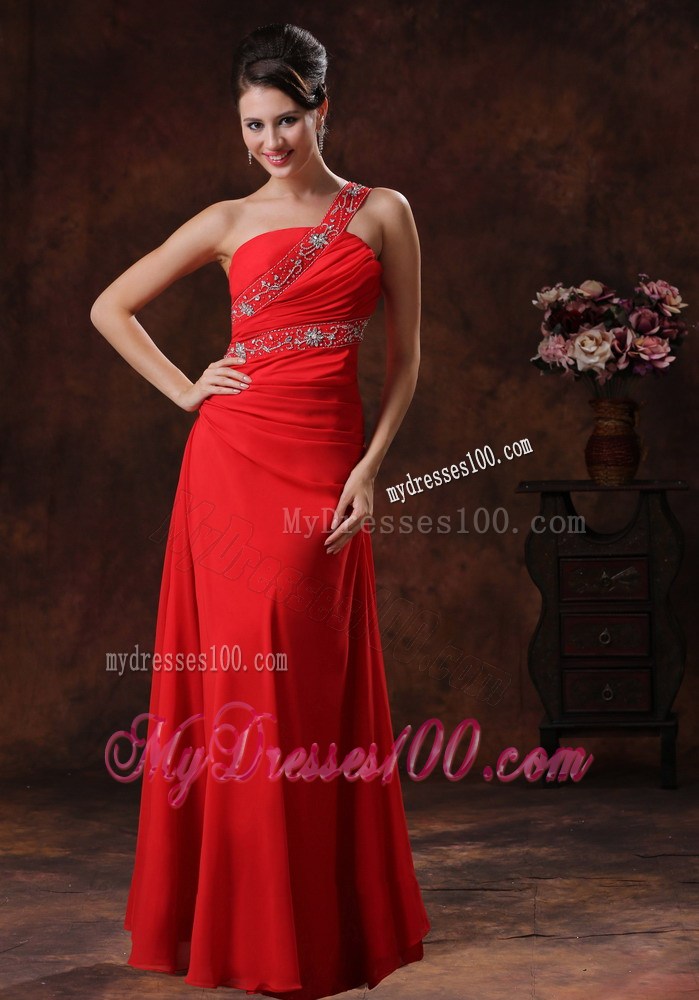 Column One Shoulder Red Summer Beaded Decorate Prom Dresses