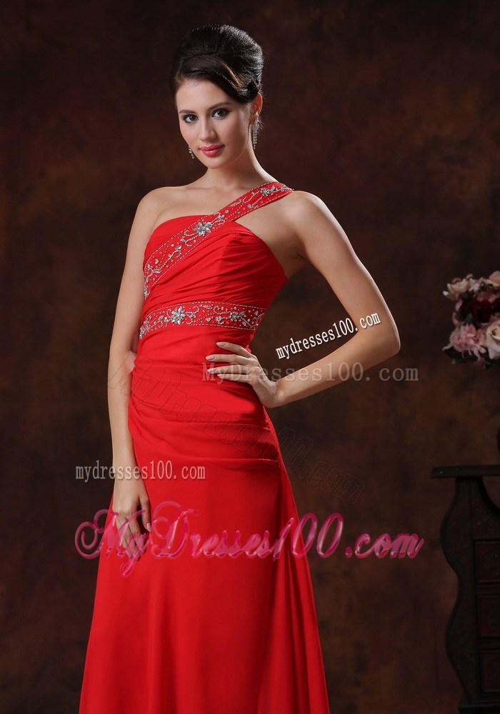 Column One Shoulder Red Summer Beaded Decorate Prom Dresses