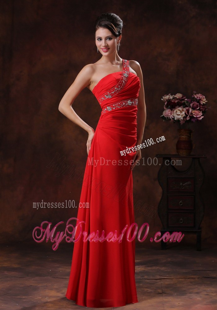 Column One Shoulder Red Summer Beaded Decorate Prom Dresses