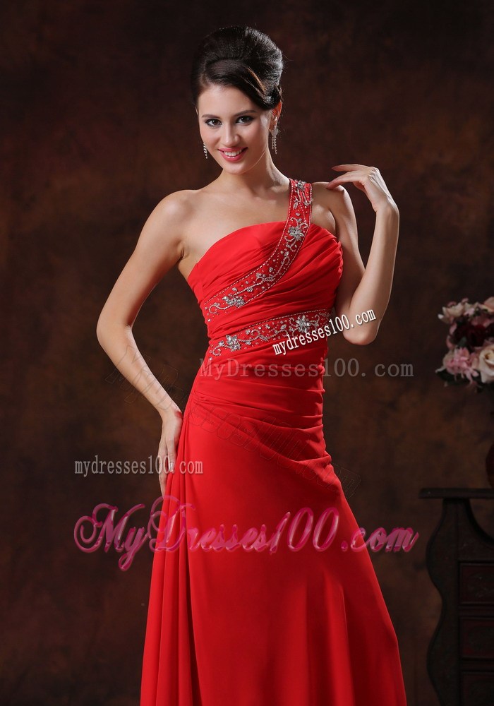 Column One Shoulder Red Summer Beaded Decorate Prom Dresses