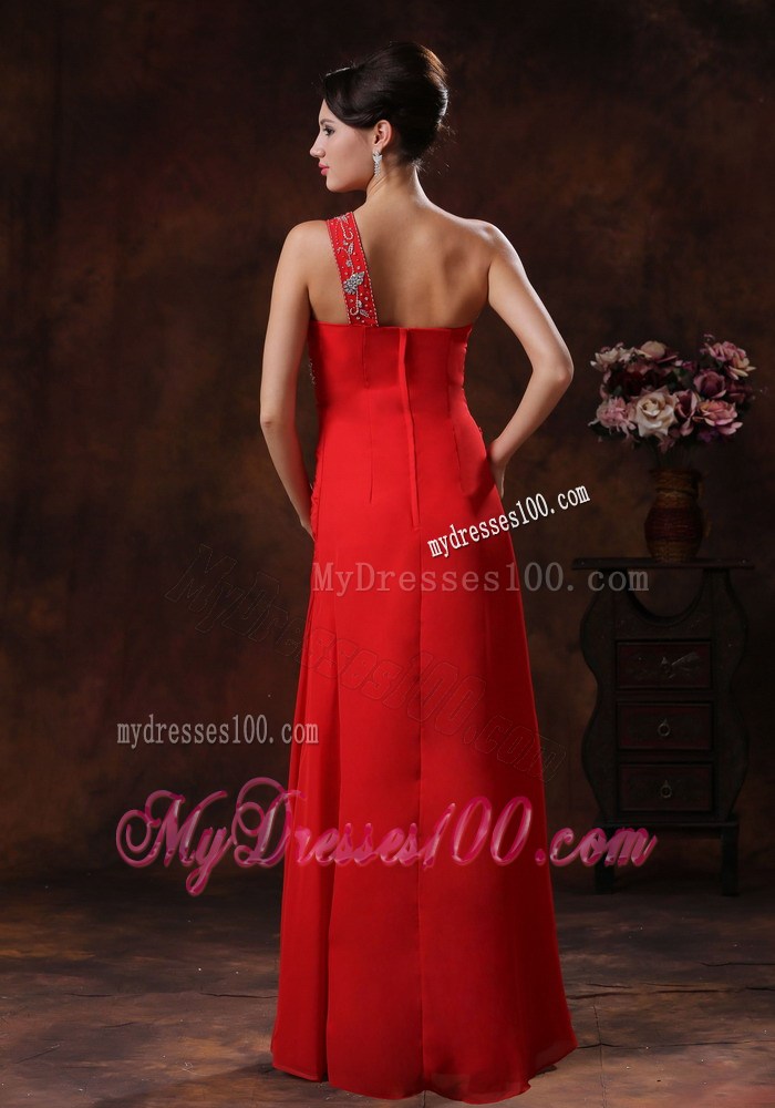 Column One Shoulder Red Summer Beaded Decorate Prom Dresses