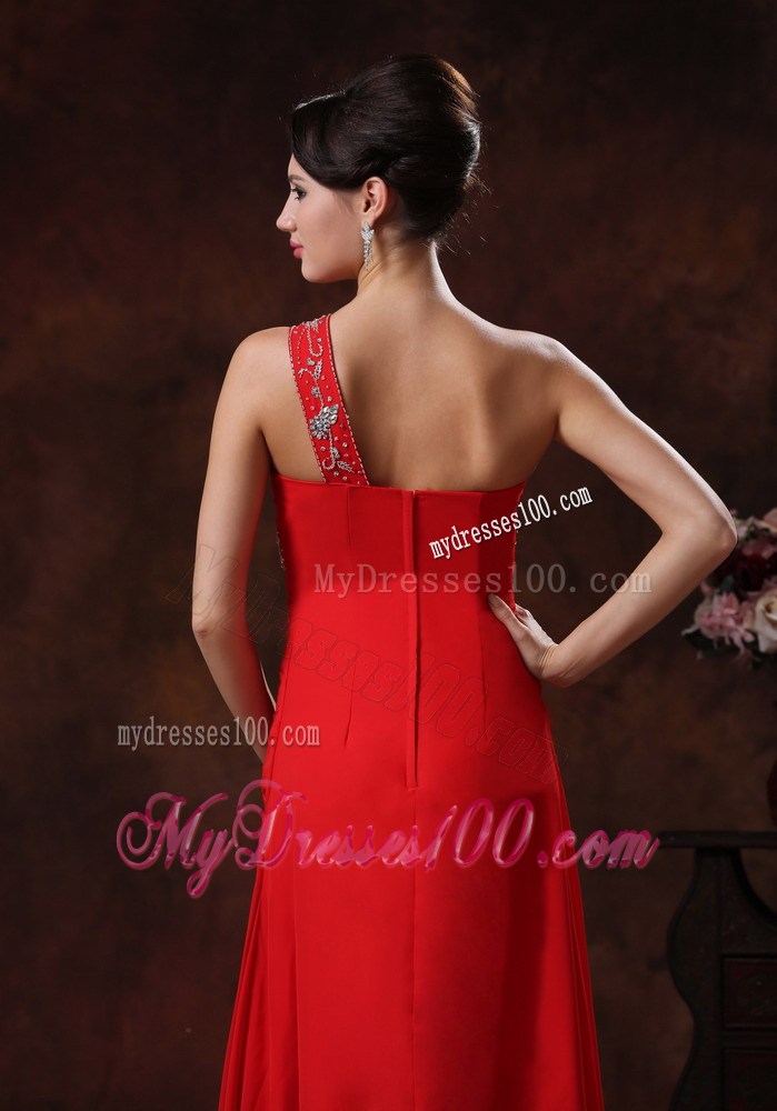 Column One Shoulder Red Summer Beaded Decorate Prom Dresses