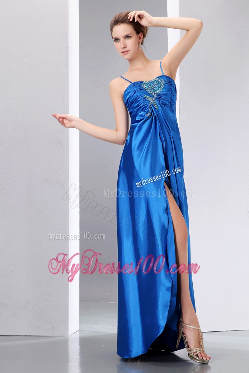 Empire Blue Column Spaghetti Straps Beading and Ruched Prom Dresses