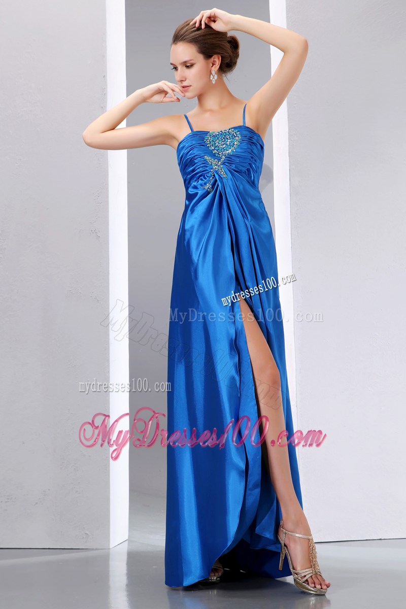 Empire Blue Column Spaghetti Straps Beading and Ruched Prom Dresses