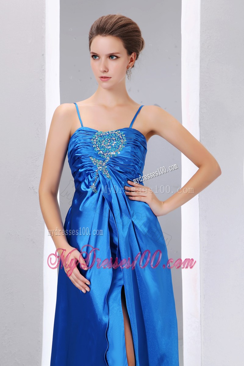 Empire Blue Column Spaghetti Straps Beading and Ruched Prom Dresses