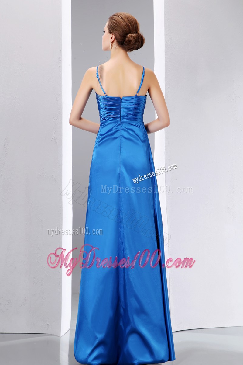 Empire Blue Column Spaghetti Straps Beading and Ruched Prom Dresses
