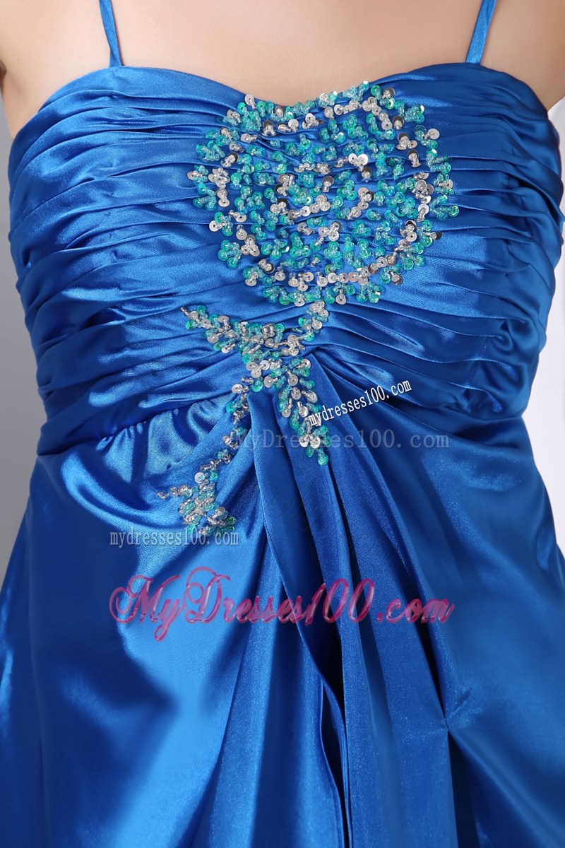 Empire Blue Column Spaghetti Straps Beading and Ruched Prom Dresses