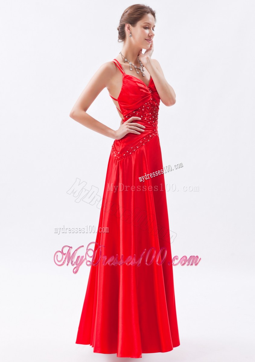 2013 Red Column Spaghetti Straps Prom Dress Appliques Floor-length