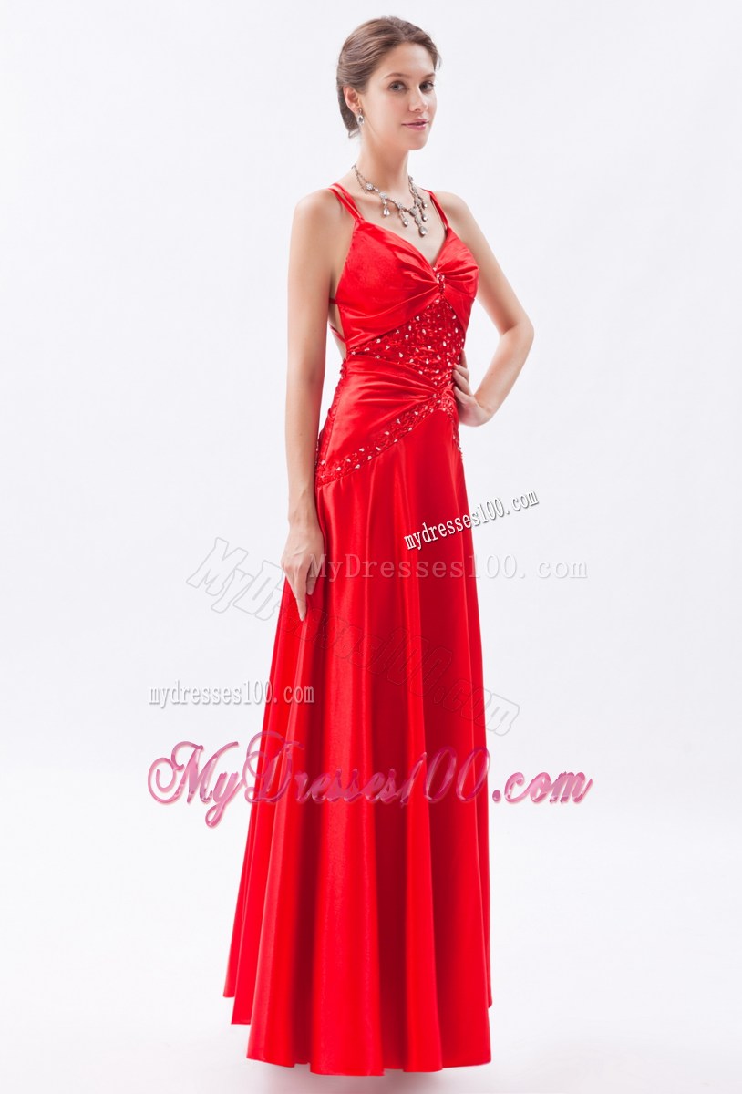 2013 Red Column Spaghetti Straps Prom Dress Appliques Floor-length