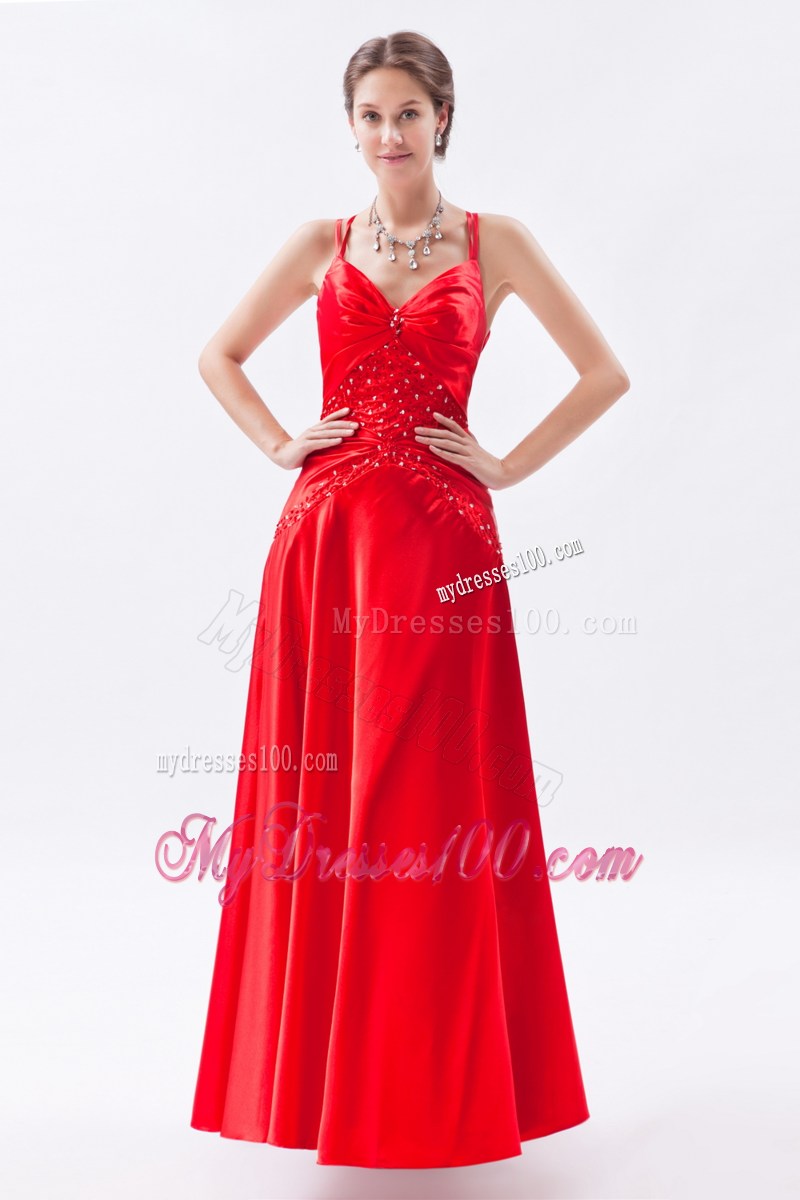 2013 Red Column Spaghetti Straps Prom Dress Appliques Floor-length