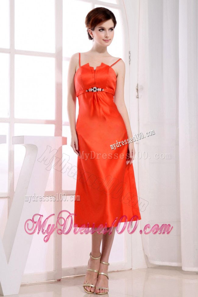Spaghetti Straps Tea-length Column Orange Red Summer Prom Dress
